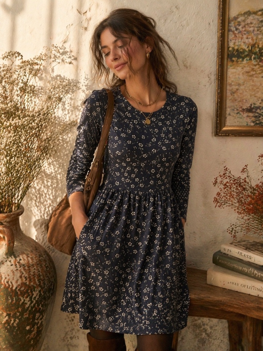Blue Rain Navy Floral Long Sleeve Fit & Flare Knit Dress S Preppy Cottagecore